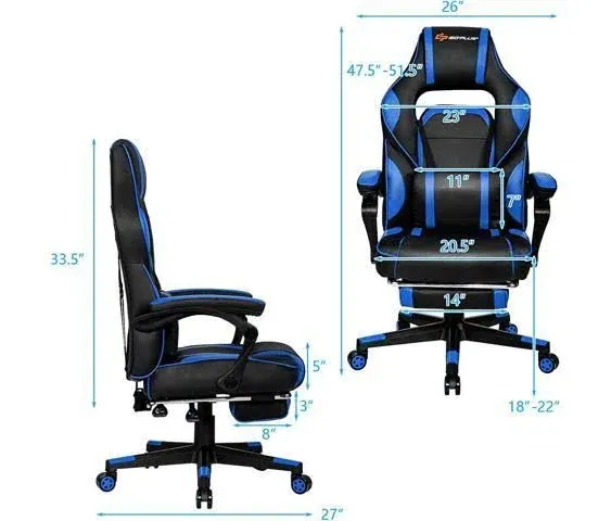 Goplus Massage Gaming Chair, Reclining Backrest, Seat Height Adjustment Racing ...