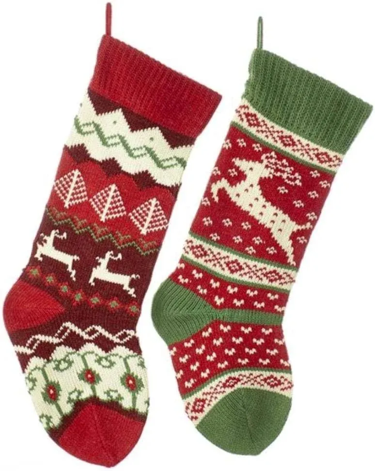 Green/Red/White Knitted Stocking with Reindeer 20