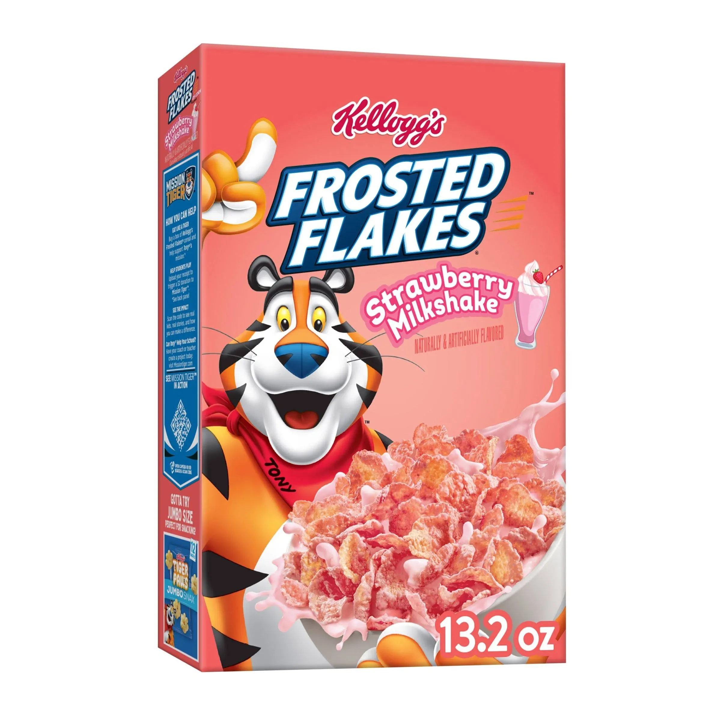 Frosted Flakes Breakfast Cereal, 8 Vitamins and Minerals, Kids Snacks, Strawberry Milkshake, 13.2oz Box (1 Box)