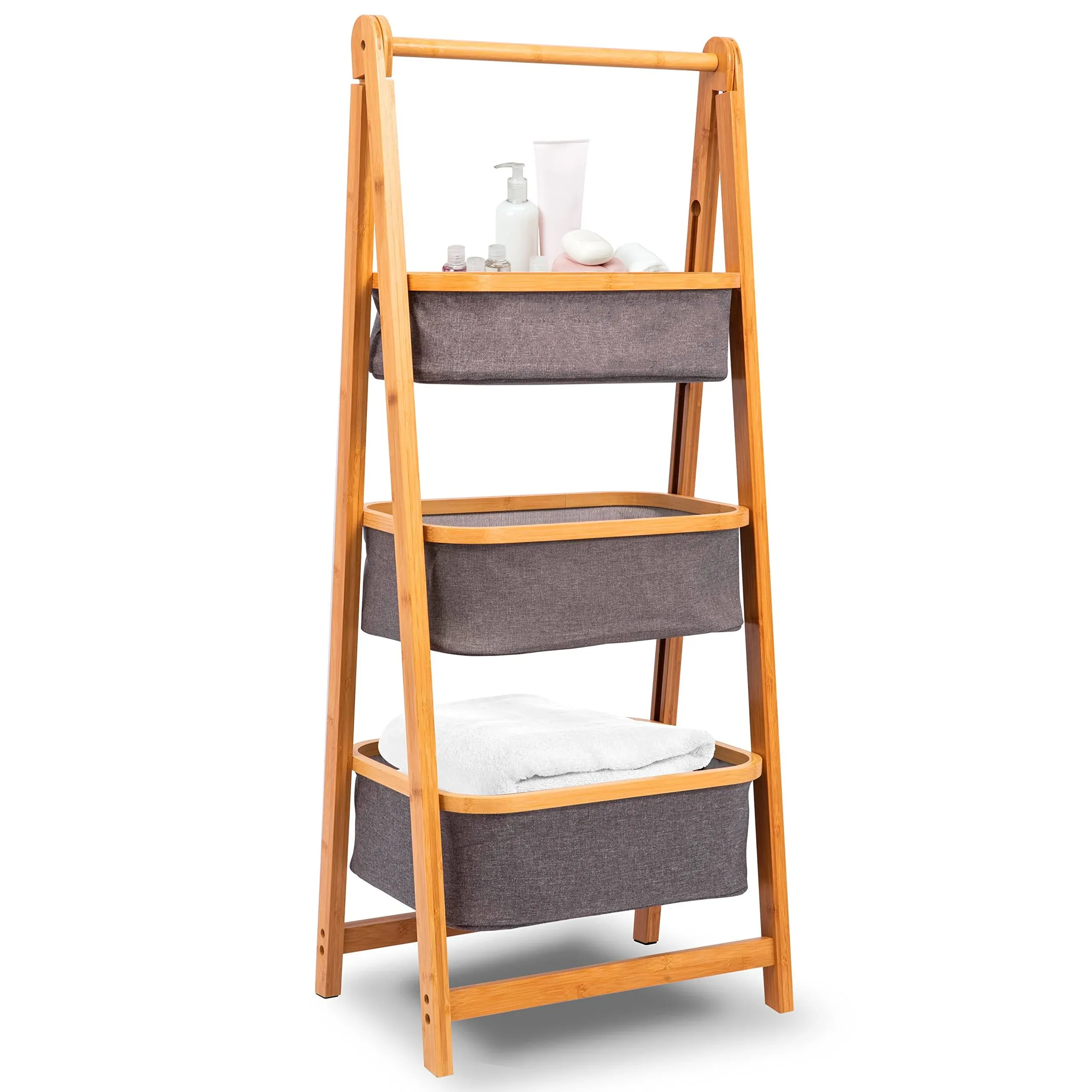 SereneLifeHome 3 Tier Fold Out Hamper Shelf Storage - Space Saving Collapsible Foldable Natural Bamboo Wooden Organizer Removable Baskets for