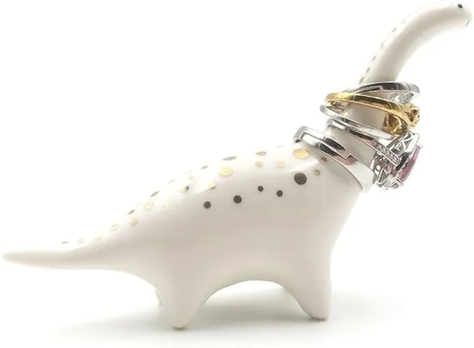 Adorable Little Ceramic White Dinosaur Jewelry Ring Holder Display Stand