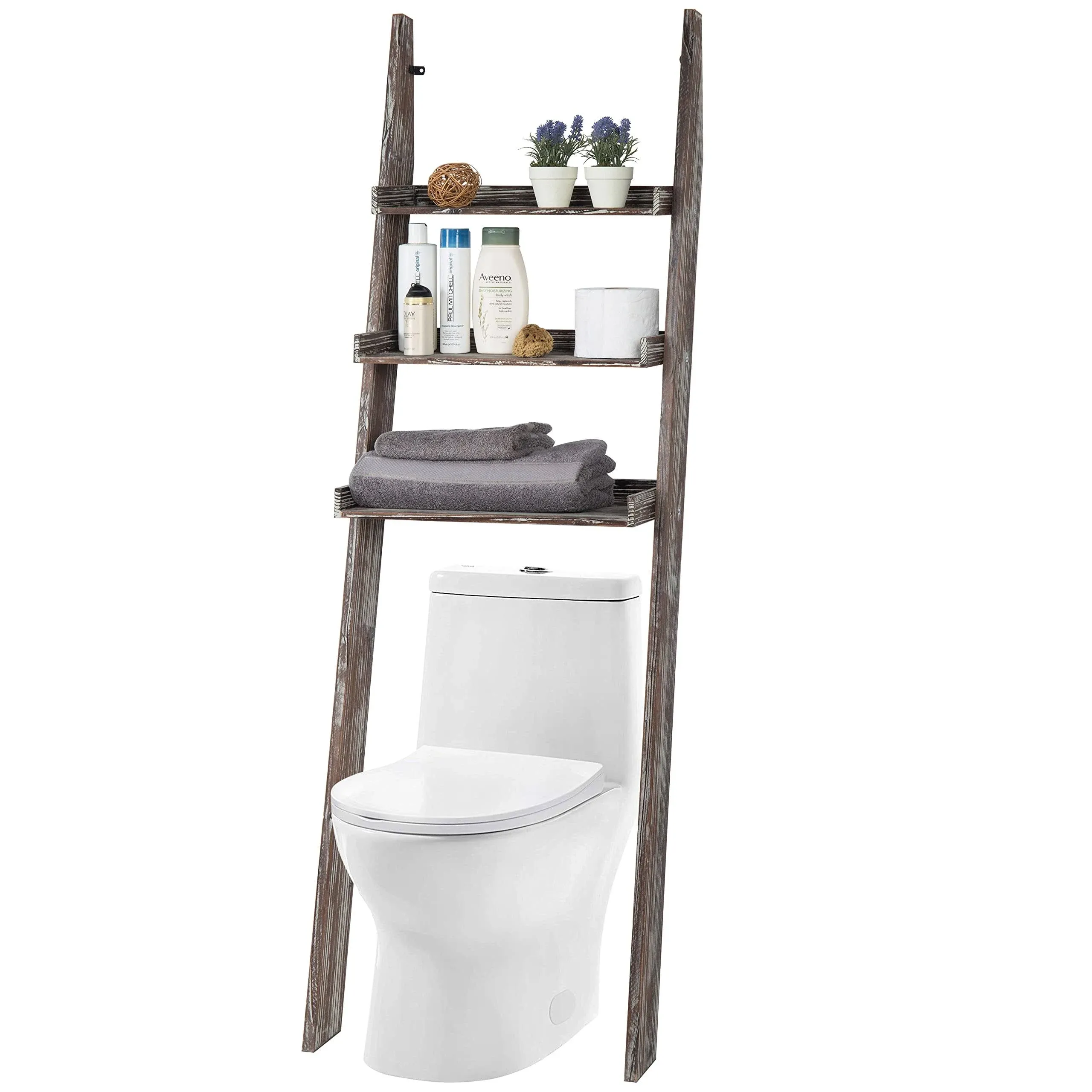 3-Tier Rustic Wood Over-the-Toilet Wall-Leaning Ladder Storage Shelves