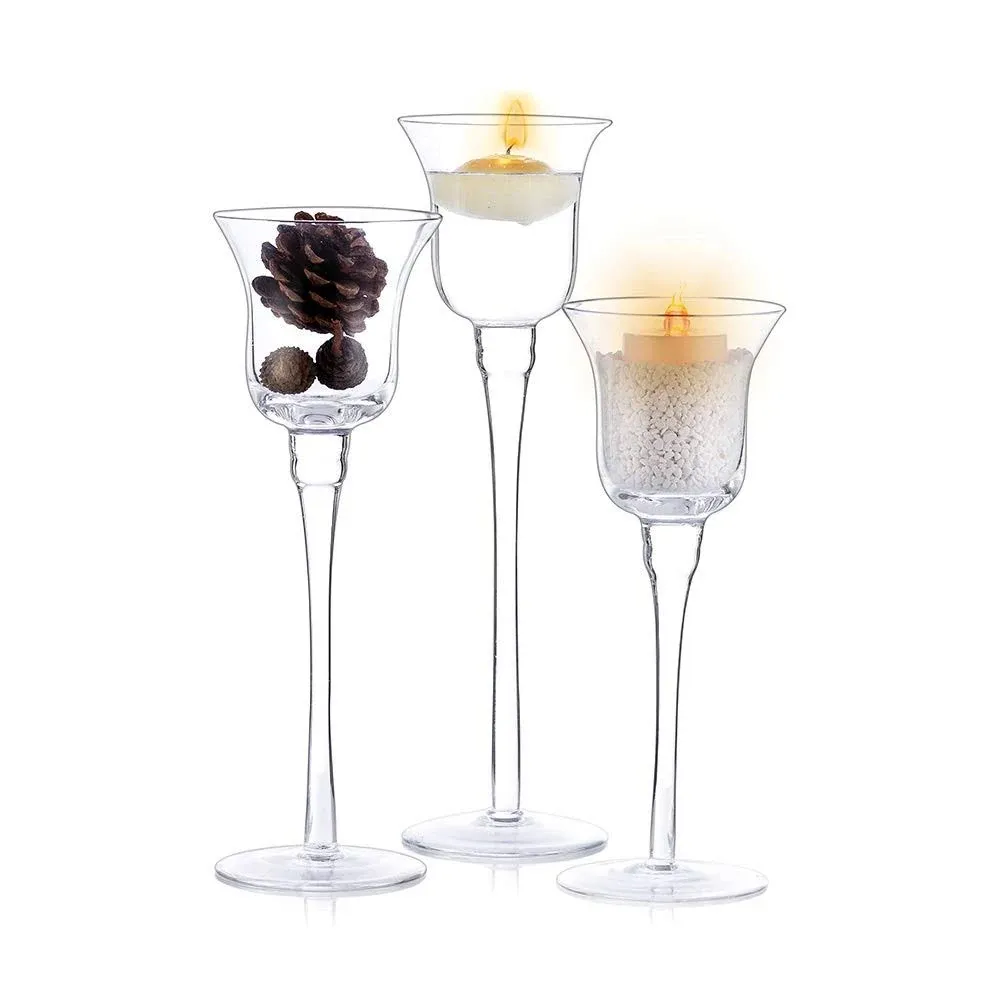  3 Pcs Candlestick &amp; Tealight Candle Holders, Tall Elegant Glass Stylish 1 Set