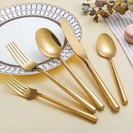 Kelenfer Silverware Set Flatware Set Shiny Gold Cutlery Set with Hexagon Hand...