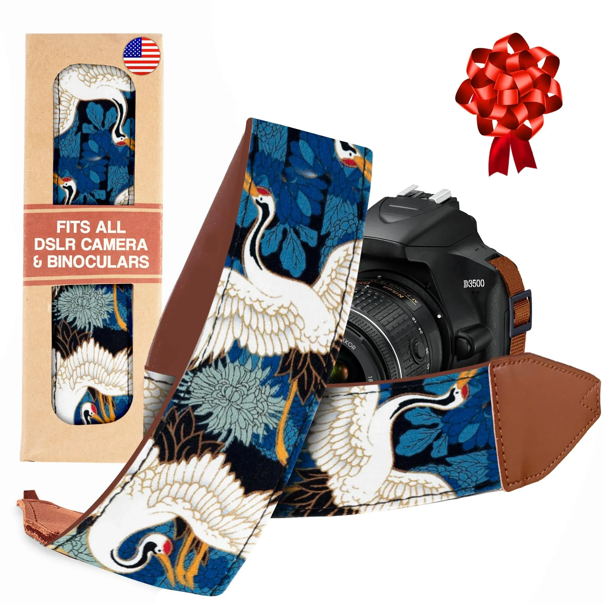 Camera Strap Blue Crane Gold - Animal Print Camera strap, Camera strap For Canon, Nikon, Sony and more -Cool gift for Photographers