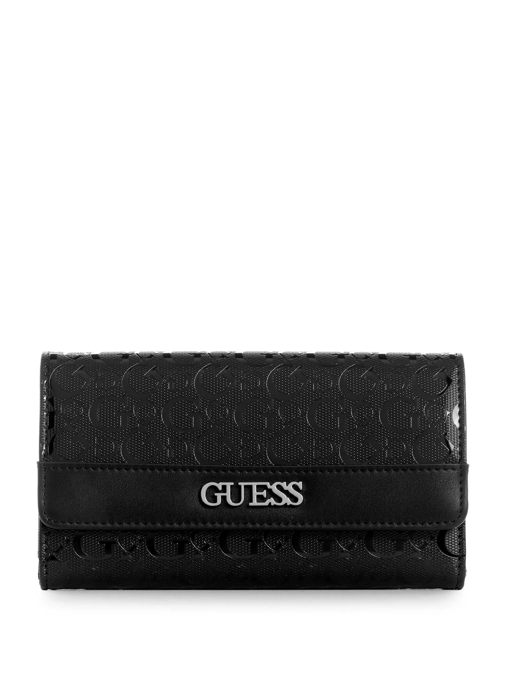 NEW GUESS Women&#039;s Ellison Logo Embossed Trifold Slim Wallet Clutch Bag - Black