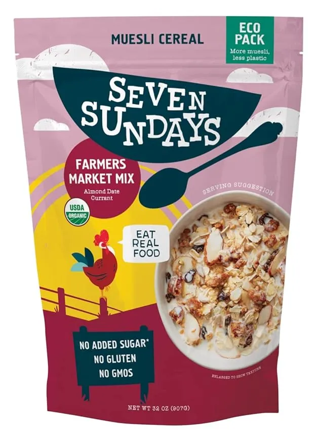 Seven Sundays Farmers Market Organic Almond Date Currant Muesli Cereal - 32 oz Eco Pouch - Certified Gluten Free Muesli - Non GMO, No Refined Sugar