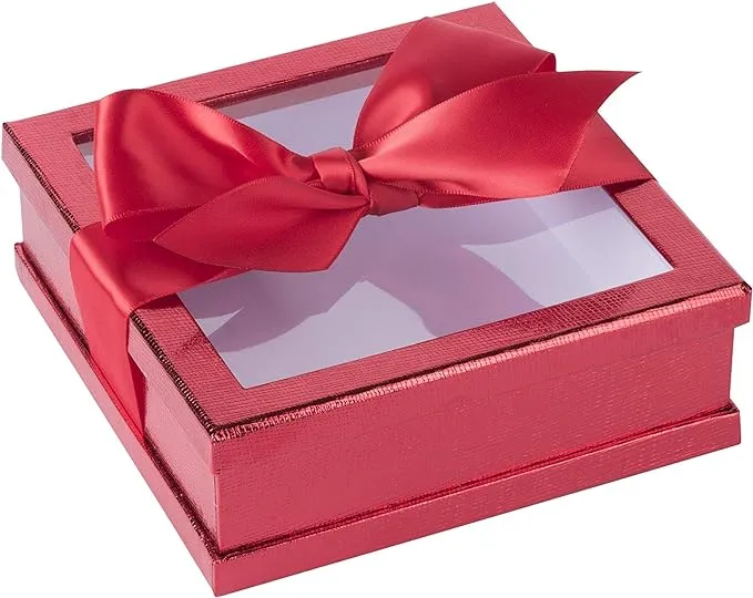 Hammont Clear Window Gift Boxes - 3 Pack - Multipurpose Bakery Boxes with Ribbon | Treat Boxes Perfect for Party Favors, Cookies and Cupcakes (Red, 6” x 6” x 2”)…