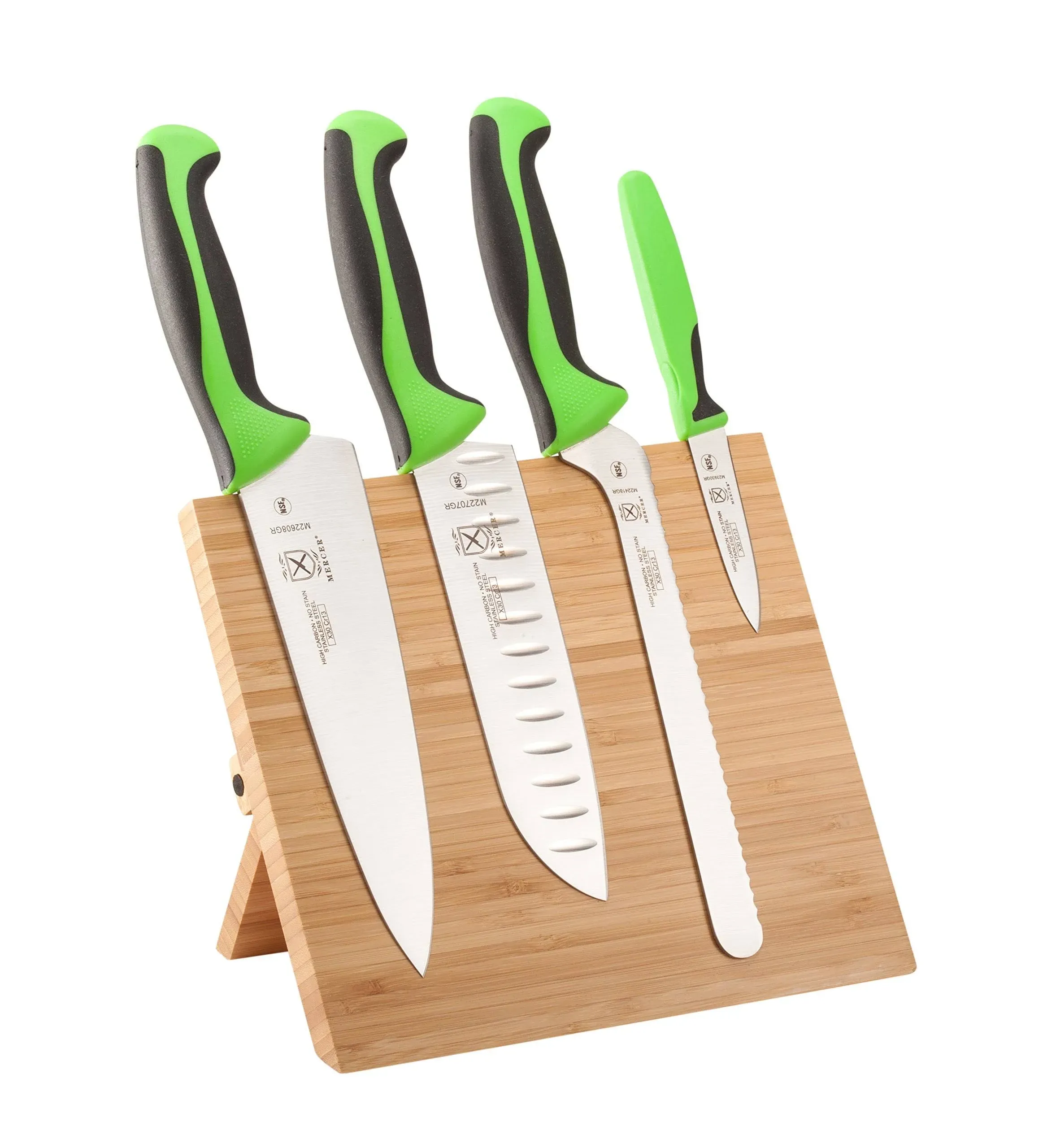 Mercer Culinary M21981GR Millennia Colors&#xAE; 5-Piece Bamboo Magnetic Board and Green Handle Knife Set