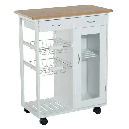 HOMCOM Rolling Kitchen Trolley Cart Bamboo Storage Cabinet Wire Basket