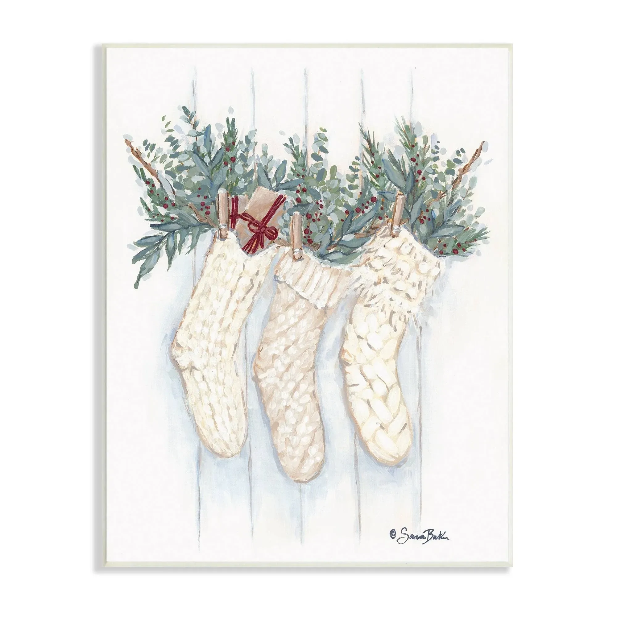 Stupell Industries Hanging White Knit Stockings Festive Holly Detail, Design by ...