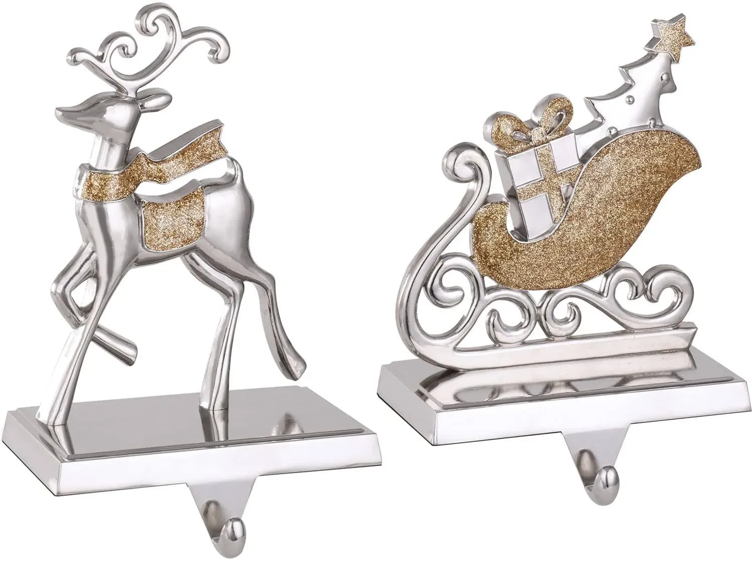 Reindeer Christmas Stocking Holders for Mantle Set of 2 Christmas Stocking Hangers for Fireplace Anti-Slip Reindeer and Santa Stocking Hanger Sturdy Metal Mantel Clip Christmas Decorations (Silver, 2)