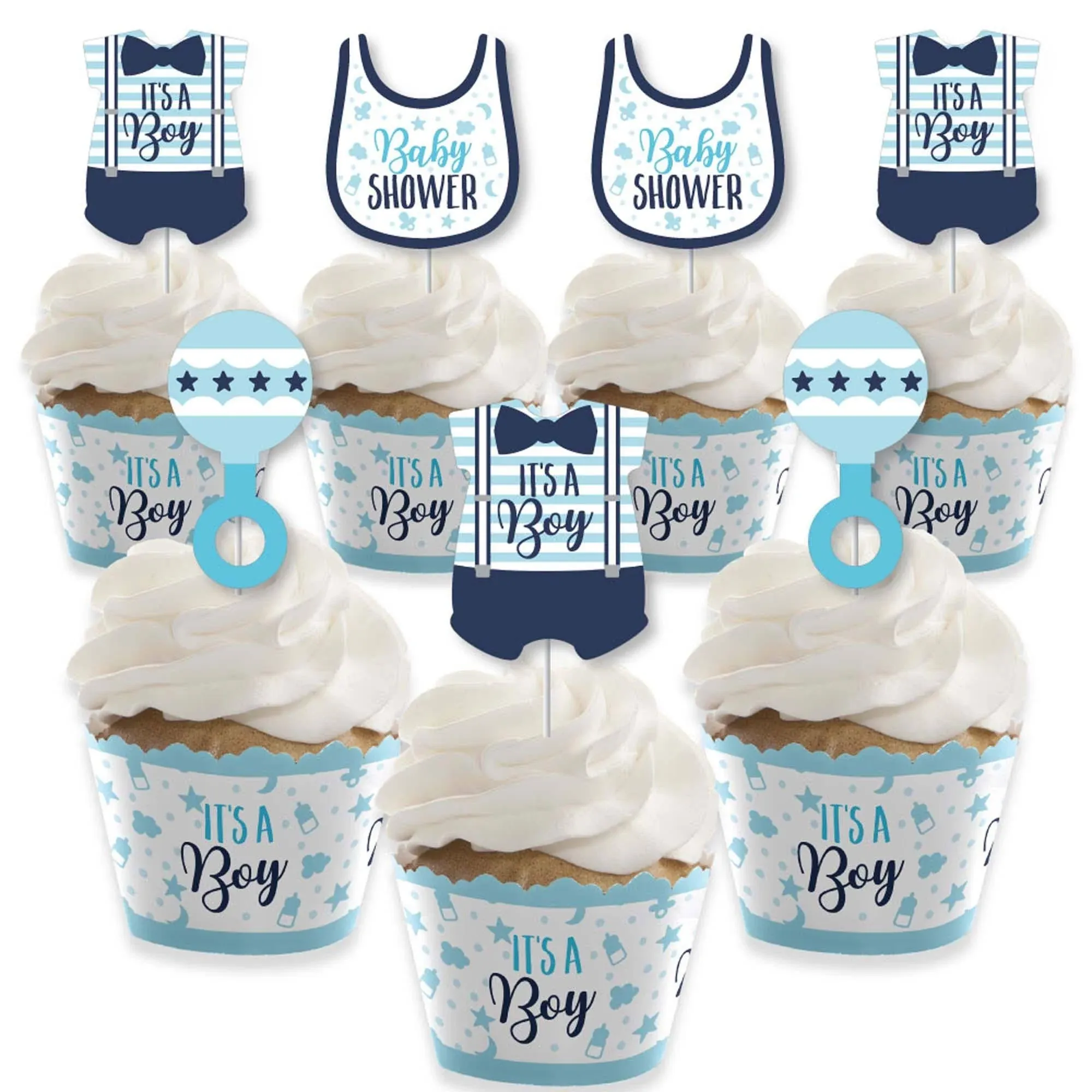 Big Dot of Happiness It's a Boy - Cupcake Decoration - Blue Baby Shower Wrappers and Treat Picks Kit - Set of 24