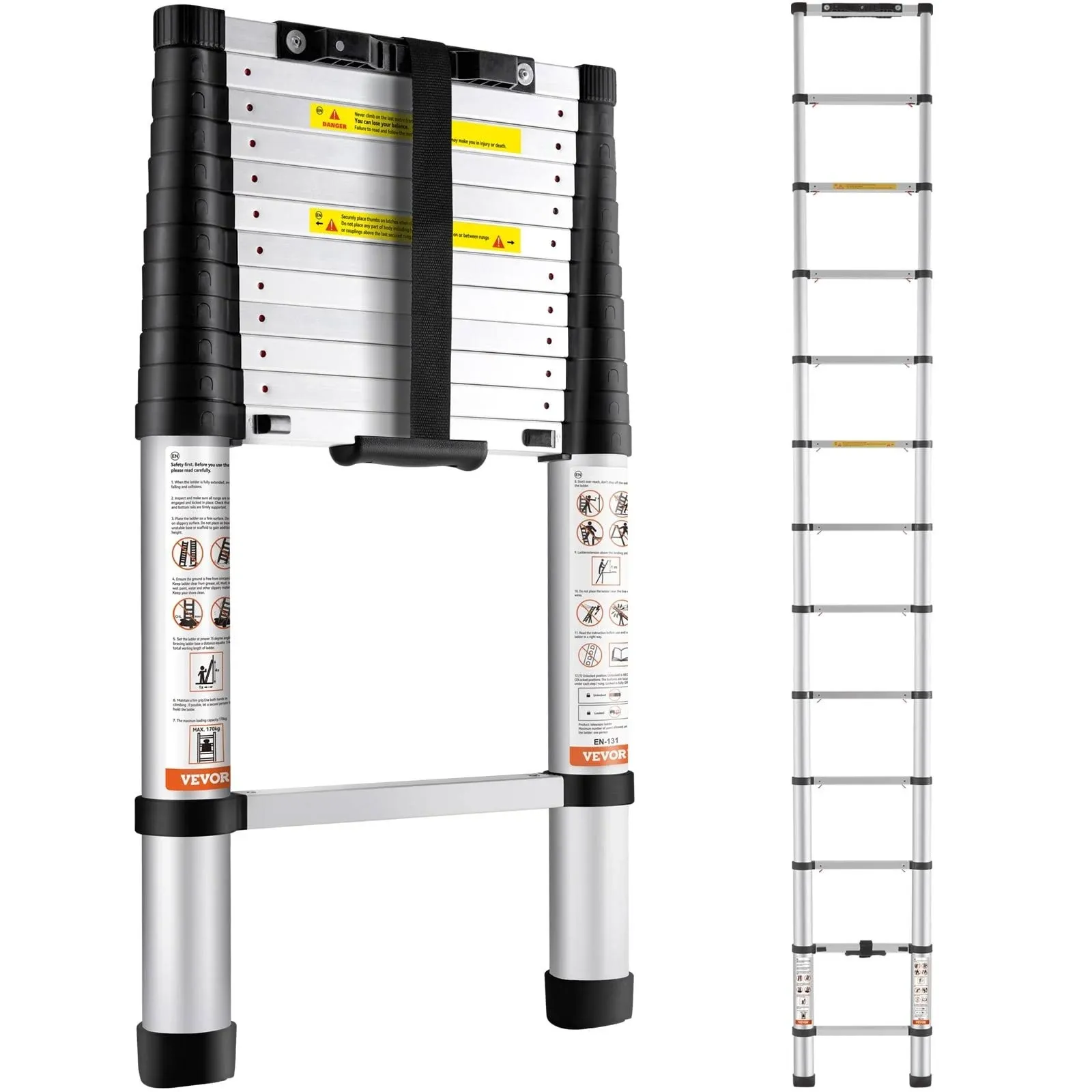 VEVOR Telescoping Ladder, 12.5 ft Aluminum One-Button Retraction Collapsible ...