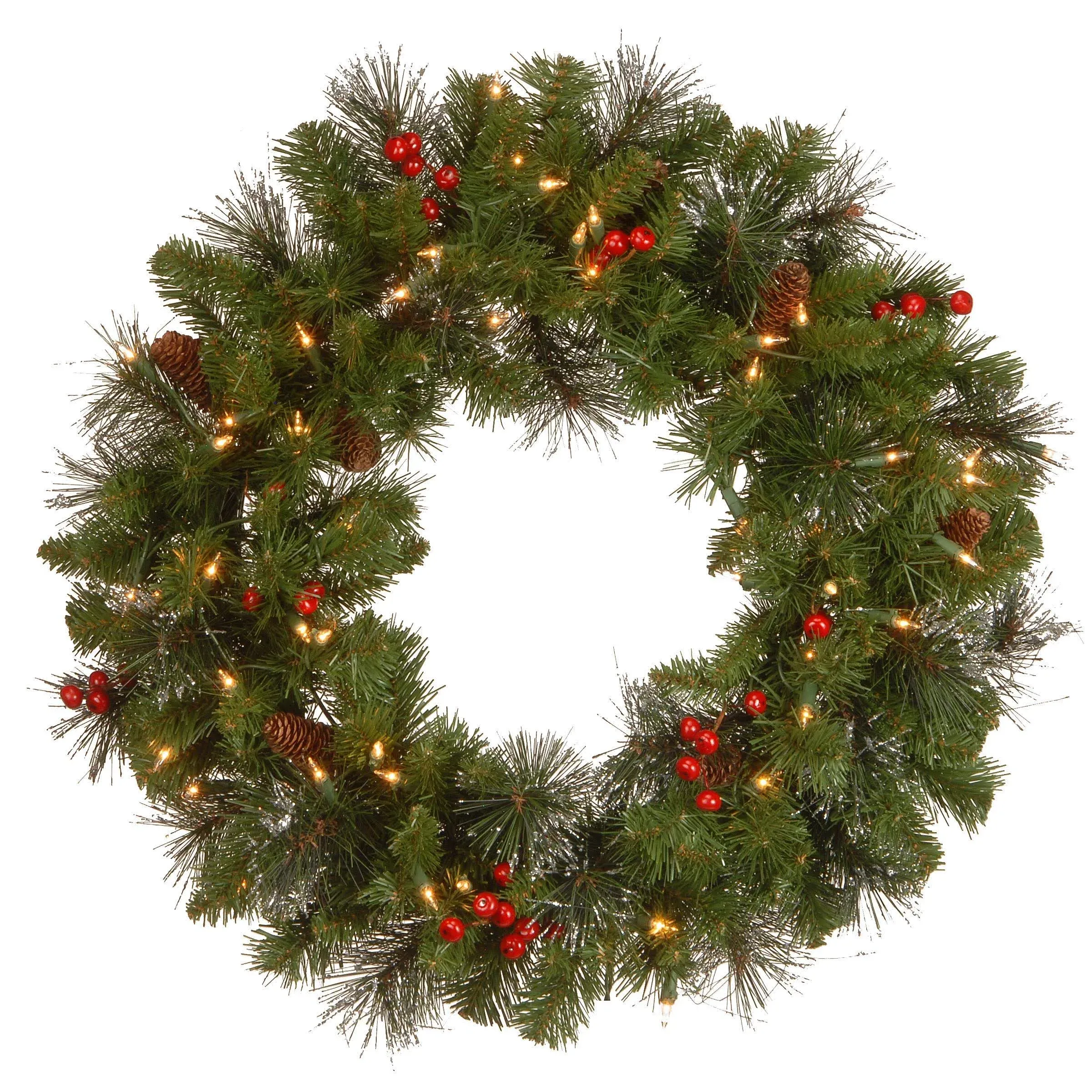 National Tree Company Pre-Lit Artificial Christmas Wreath, Green, Crestwood Spruce, White Lights, Decorated with Pine Cones, Berry Clusters, Frosted Branches, Christmas Collection, 36 Inches