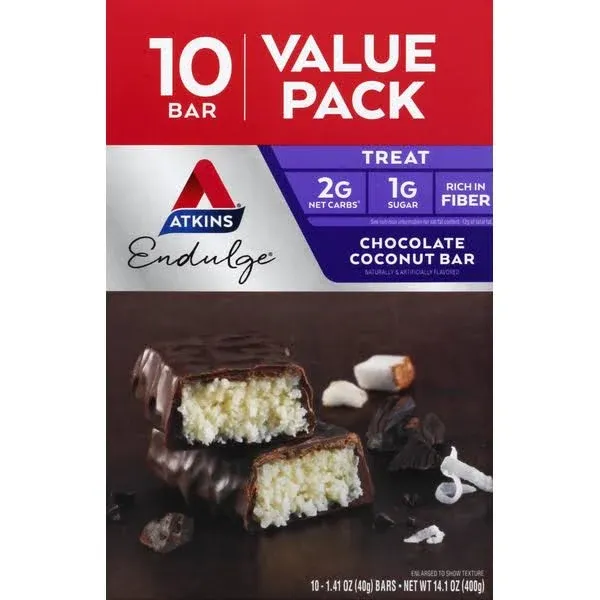 Atkins Endulge Treat Bar, Coconut Chocolate, Value Pack - 10 pack, 1.41 oz bars