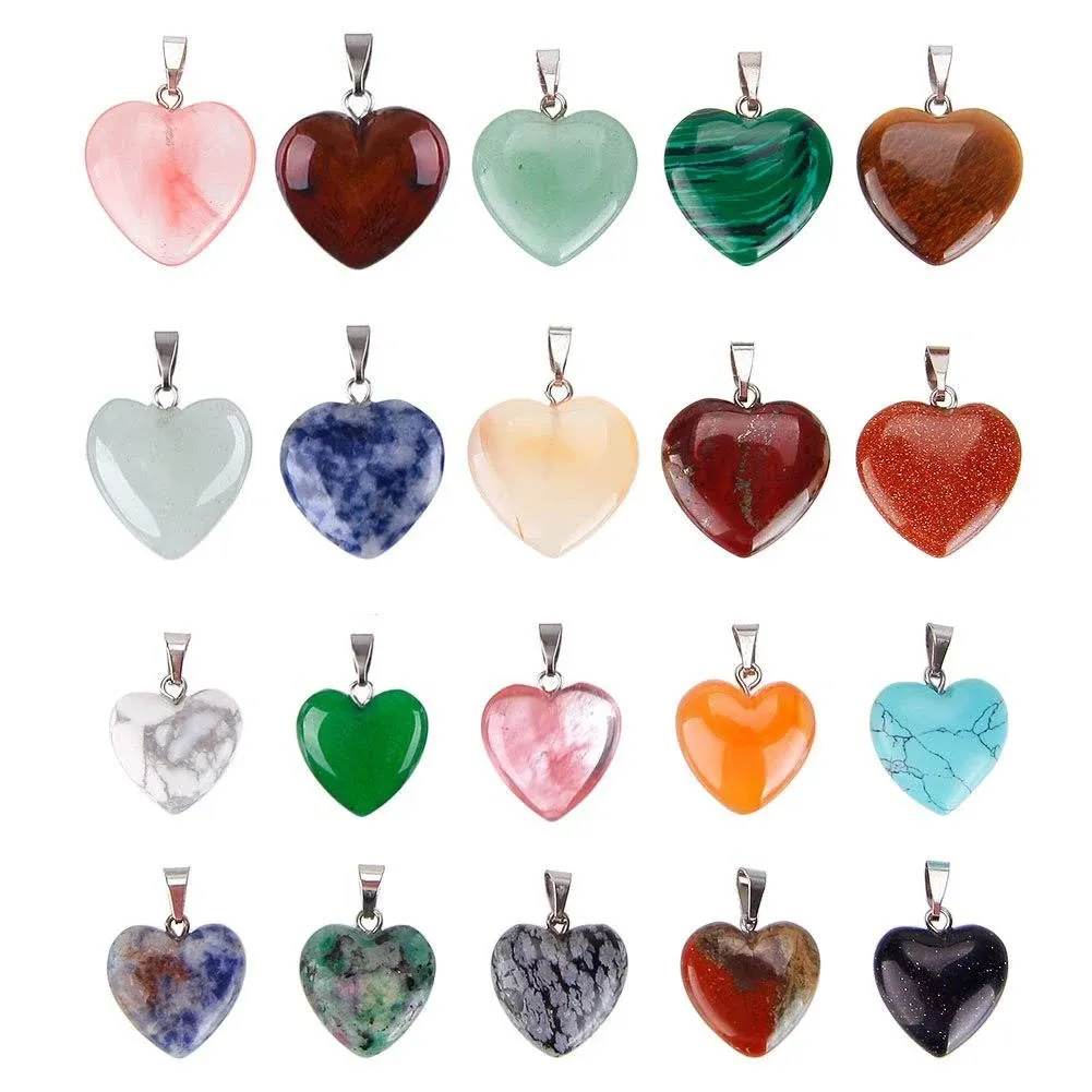 Keyzone 20 Pieces Heart Shaped Stone Pendants Charms Crystal Chakra Beads for DIY ...