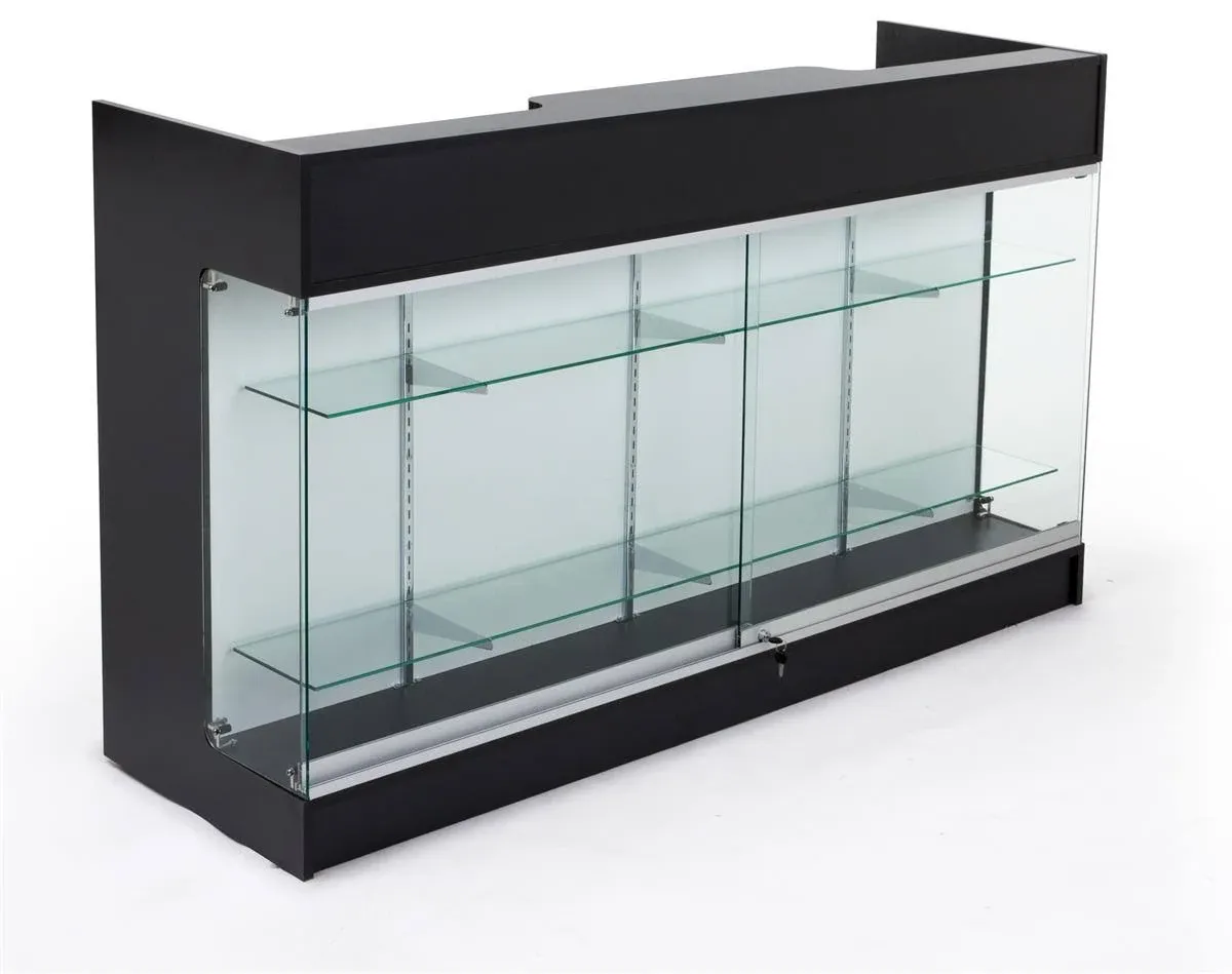 Displays2go 6ft Retail Sales Counter with Glass Shelves, Tempered Glass, Laminated Particle Board, Locking Drawers – Black (MRCLSC72BK)