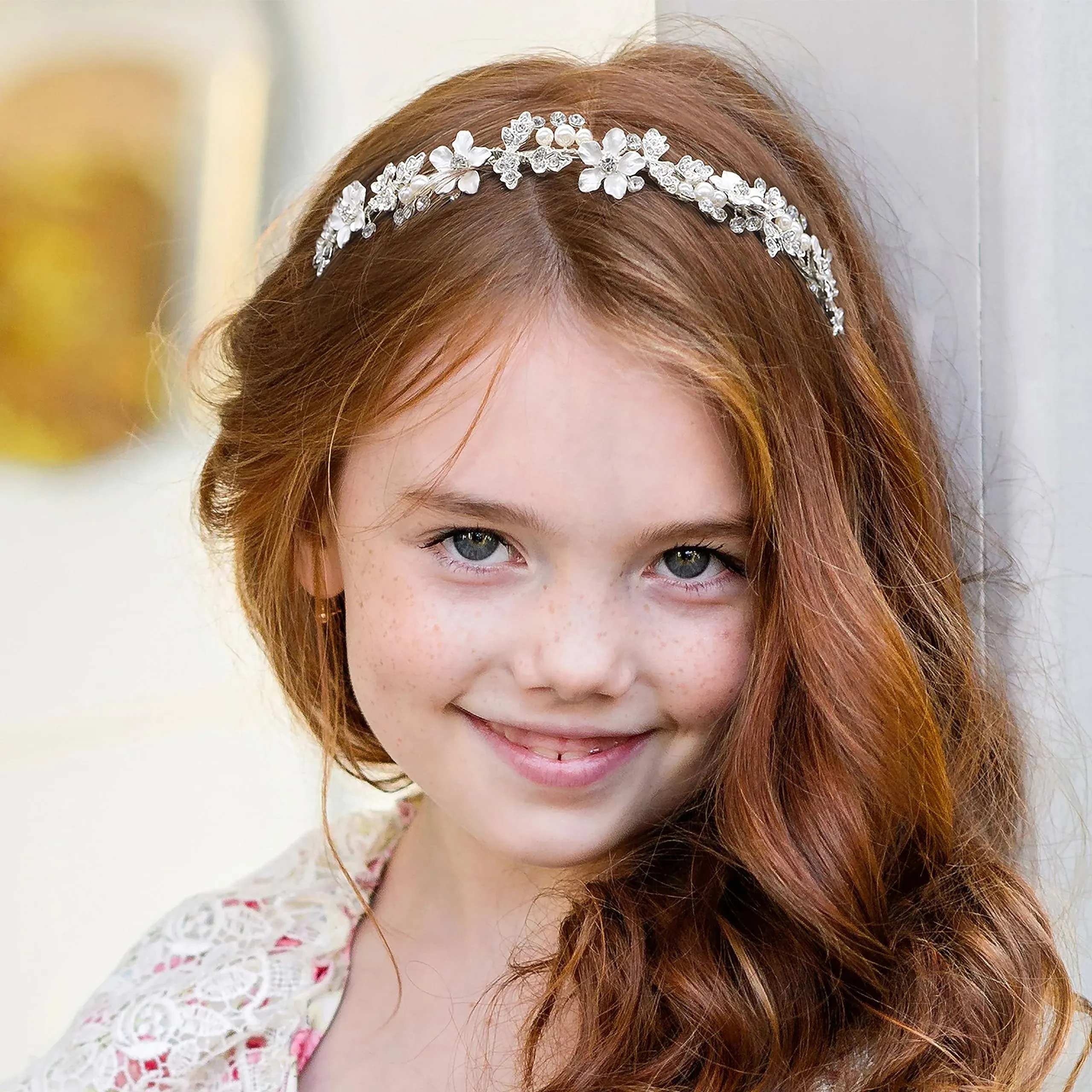 Oriamour Silver Flower Girl Headband With Crystal Rhinestone Princess Teen Girls Headpiece For Birthday, Wedding,Photography