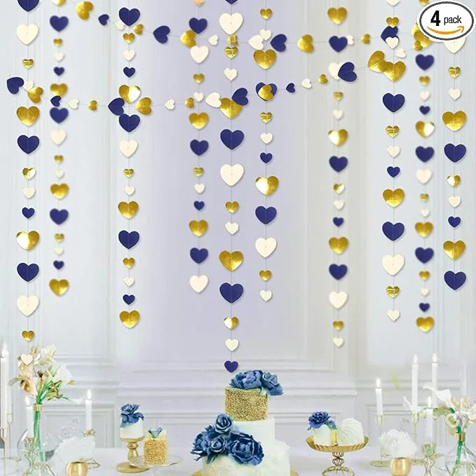 52Ft Navy Blue Gold Love Heart Garland Royal Blue Gold Hanging Streamer Banner 