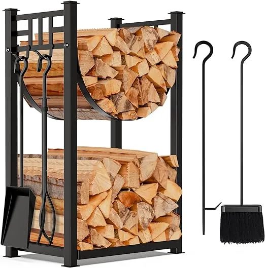 AMAGABELI GARDEN & HOME 31.6in Large Firewood Rack Fireplace Tools Set Wood Holder Indoor log Rack With Tools Tall for Wood Stove Firepit Campfire Storage Stacking Wrought Iron Accessories Outdoor