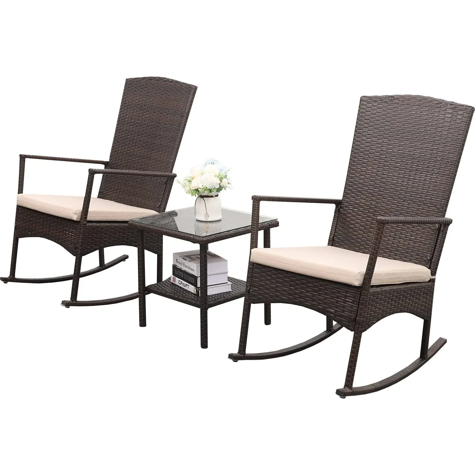 Outdoor PE Wicker Rocking Chair 3-Piece Patio Rattan Bistro Set 2 Rocker Armchair and Glass Coffee Side Table Furniture Washable Lacing Khaki Cushions