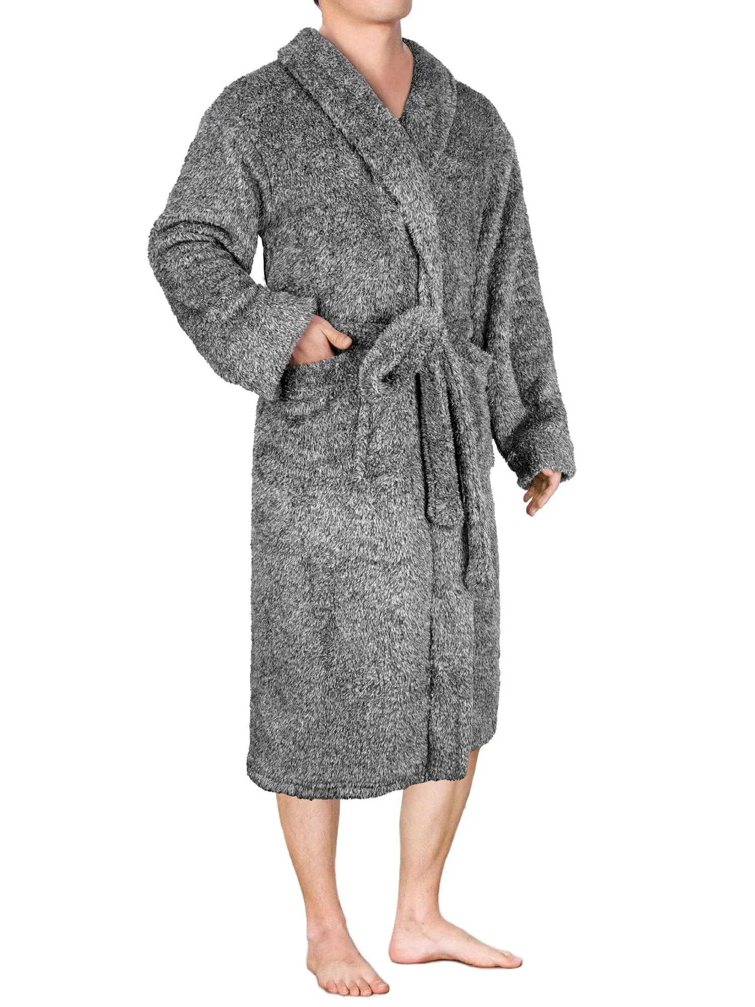 PAVILIA Mens Soft Robe, Plush Fluffy Fleece Bathrobe for Men, Long Sherpa Spa Robe with Shawl Collar (Two-Tone Black)