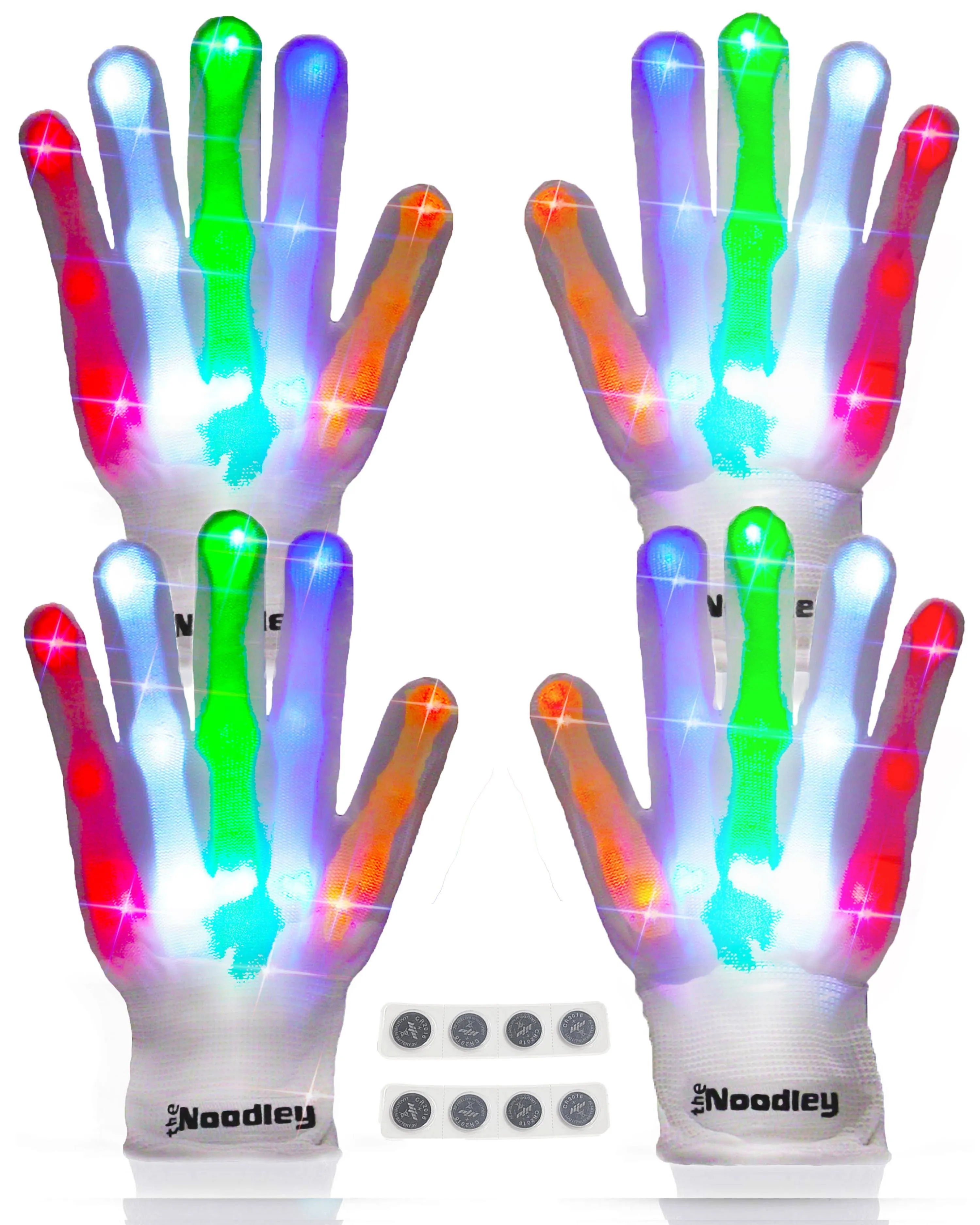 2 Pairs LED Gloves Light up Toys for Boys & Girls Cool Gifts for Kids & Teens - Extra Batteries by The Noodley