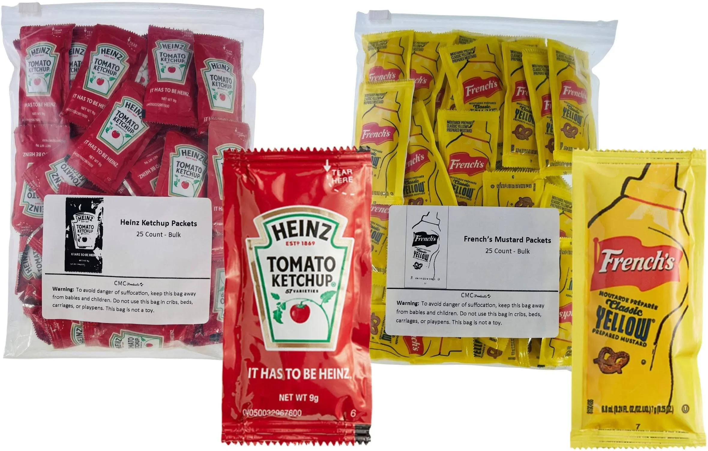 75 Total Packets / 25 Count of each - Heinz Ketchup, French's Mustard, & Kraft Real Mayo - Condiment Packs in Slide Seal Bag