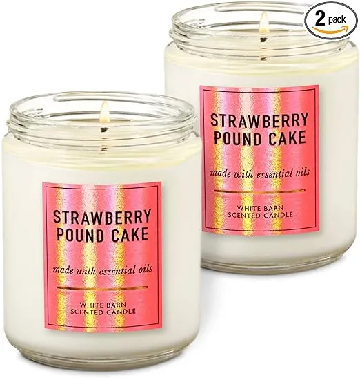 Bath and Body Works 2 Piece Pack (7oz/198g ) White Barn Strawberry Pound Cake Single Wick Scented Candle