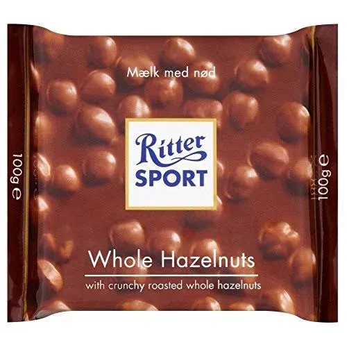 Ritter Sport Milk Chocolate Bar - Whole Hazelnuts (100g) - Pack of 2