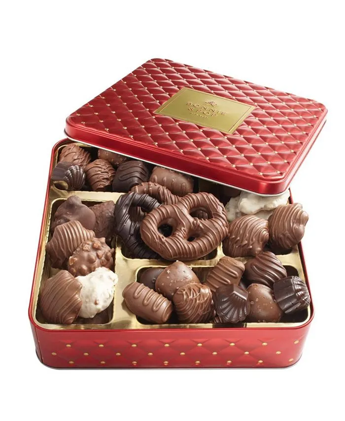 Christmas Gift Basket- Holiday Chocolate- Gourmet Chocolate Snack Variety Present in Keepsake Tray- Includes Belgium Pretzels, Peppermint Patties, Sea