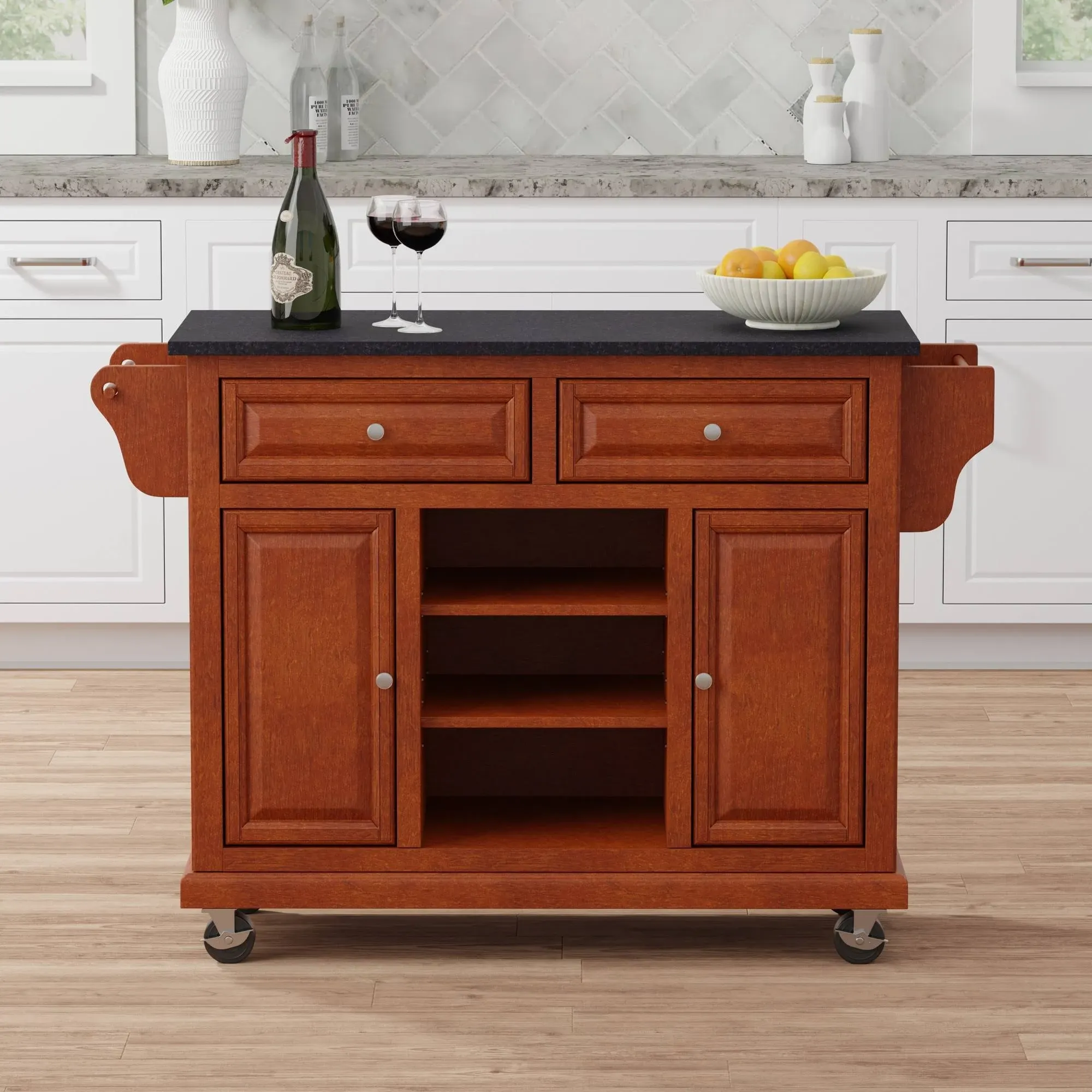 Glenwillow Home Kitchen Cart in Cherry with Black Granite Top