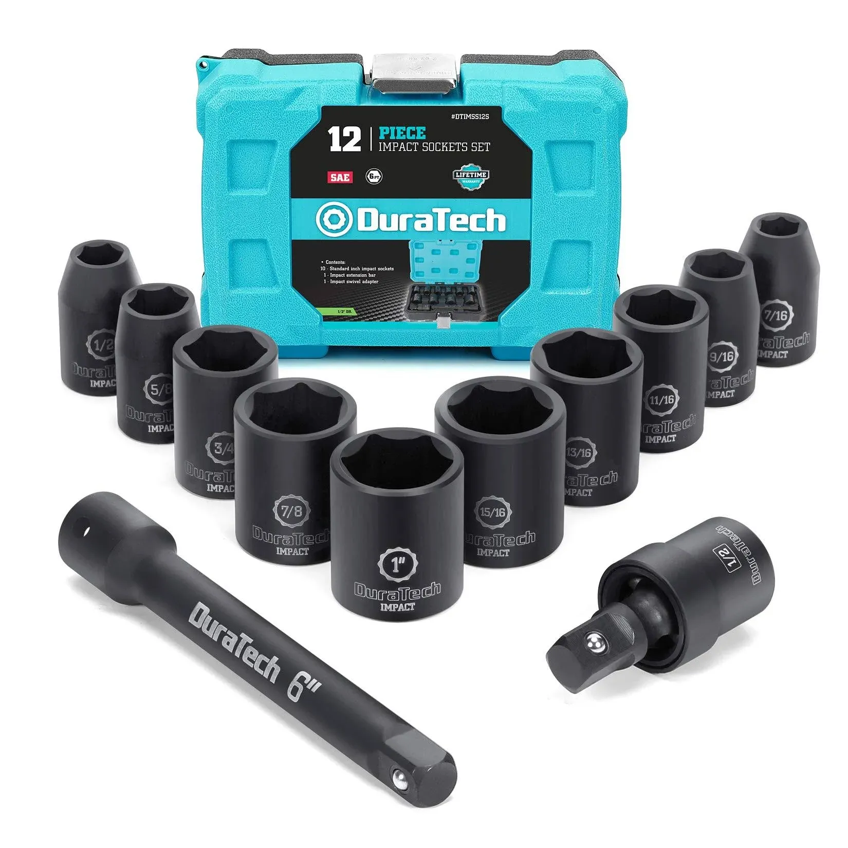 DURATECH 1/2&#034; Dr Impact Socket Set 12PC SAE Sockets Swivel Adapter Extension Bar