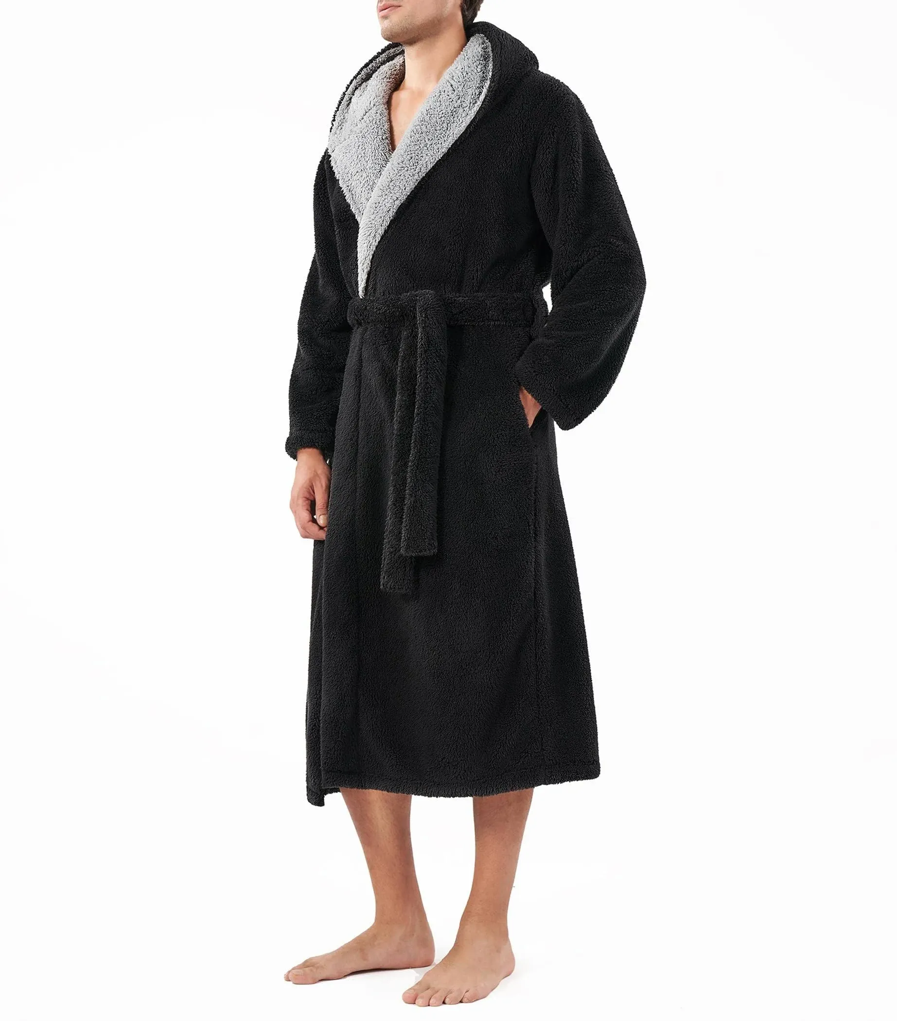 David Archy Flannel Soft Plush Long Bathrobe with Hooded, L / Black