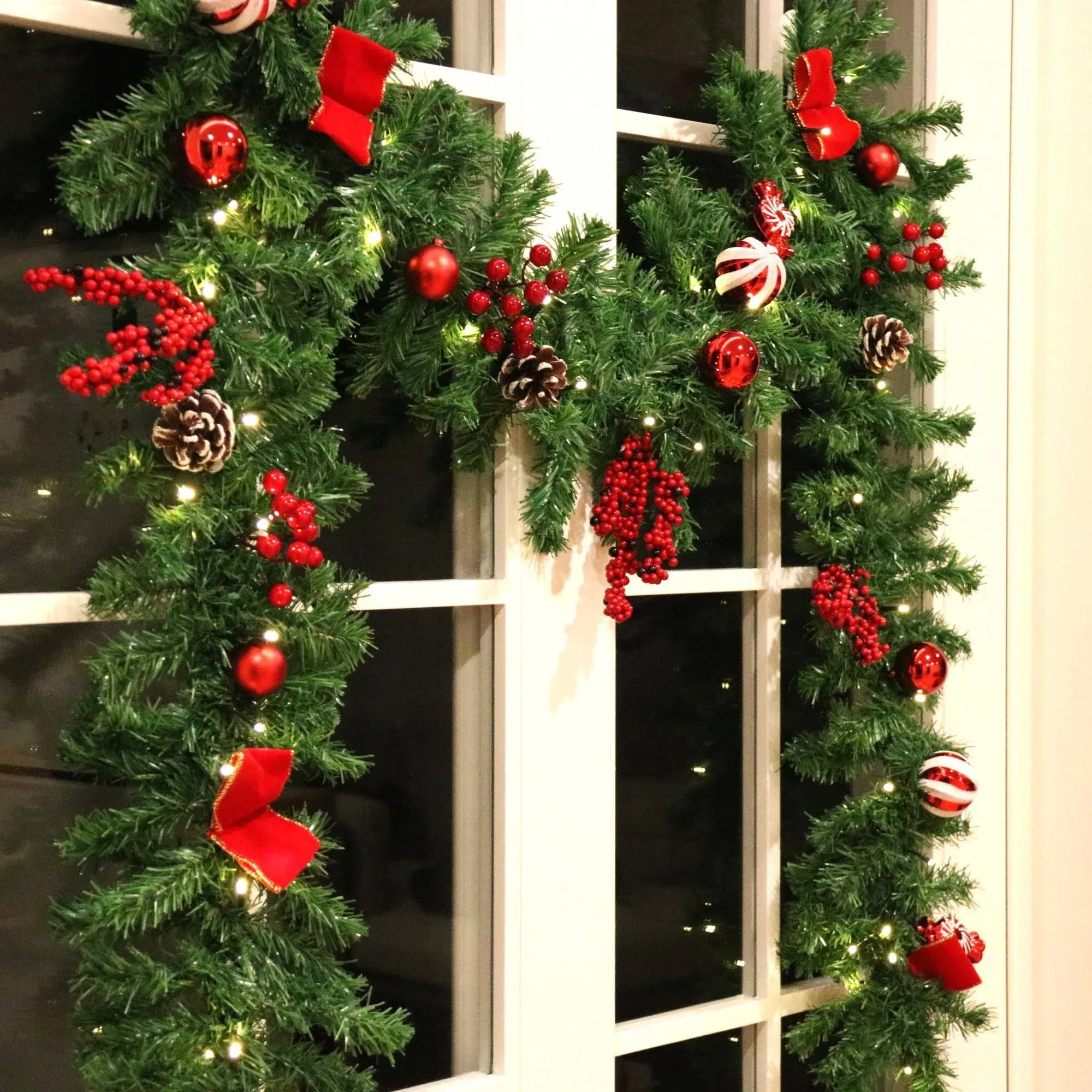 9 FT Christmas Garland, Battery Operated 8 Lighting Modes, Lighted Christmas Garland with 50 LEDs, Pine Cones, Red Berries