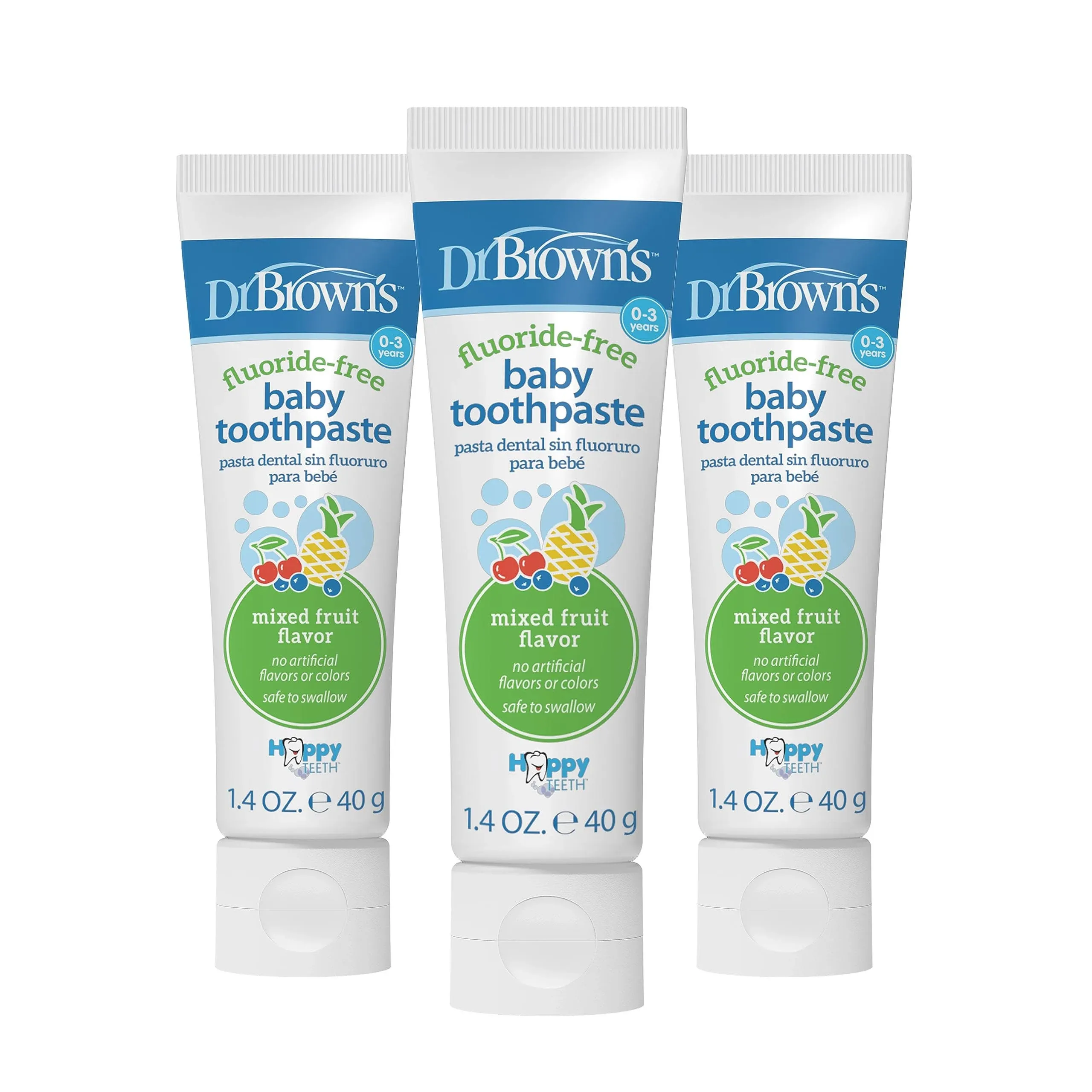 Dr. Brown's Fluoride-Free Baby Toothpaste,Infant & Toddler Oral Care,Mixed Fruit,3-Pack,1.4oz/40g,0-3 years