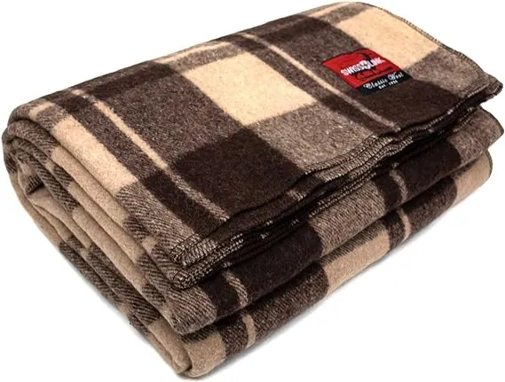 Swiss Link Military Surplus 90 x 62 inch Classic Wool Plaid Throw Blanket, Brown