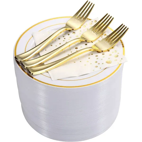 Stylish Gold Dessert Plates, Disposable Forks and Gold Cocktail Napkins (100 Set), 7.5 inch Wedding Cake Plates, Disposable Appetizer Plate - Gold