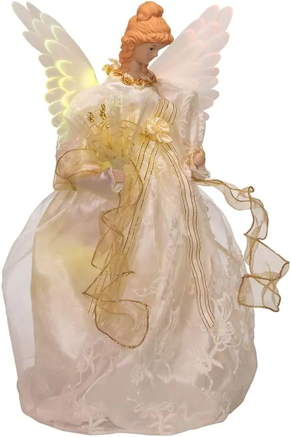 Kurt Adler 14" Fiber Optic Ivory and Gold Animated LED Angel Treetop