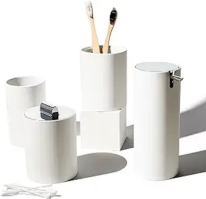 VIRTUNE Sleek 4 Pcs White Bathroom Accessories Set Complete. White Bathroom Decor SETS. Matte White Bathroom Accessory Set White. White Bathroom Set White.