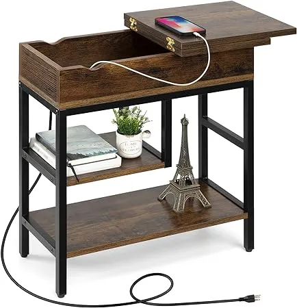 Side Table with USB Ports and Outlets, Narrow Sofa End Table with Storage Shelf