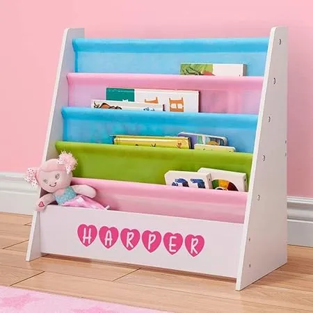 Personalized Dibsies Kids Bookshelf - White with Pastel Fabric