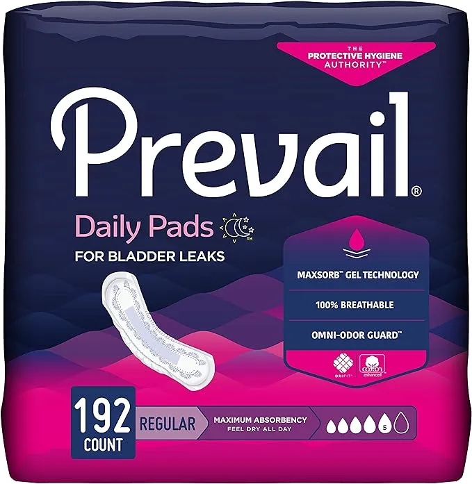 Prevail Incontinence Bladder Control Pads for Women, Maximum Absorbency, Regular Length, 192 Count