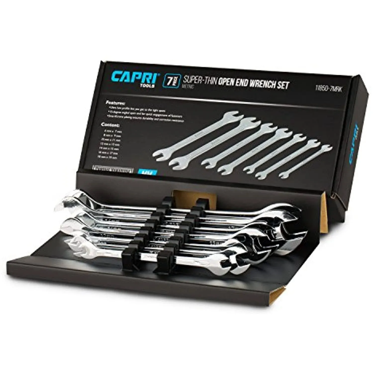 Capri Tools Super-Thin Open End Wrench Set Metric 6 to 19 mm 7-Piece