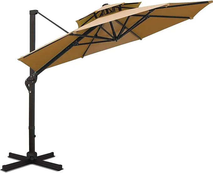 Sunnyglade 11FT Double Top Cantilever Patio Umbrella Deluxe Offset Umbrella 360° Rotation & Integrated Tilting System Heavy Duty Outdoor Umbrella for Market Garden Deck Pool Backyard Patio(Tan)