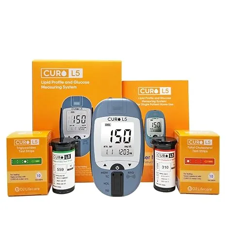 Home Blood Cholesterol Test Kit - CURO L5 Digital Meter - (10 Total Cholesterol Strips & 10 Triglycerides Test Strips and 50 Glucose Test Strips Included)