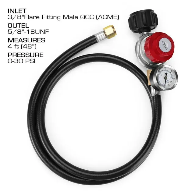 4ft High Pressure 0-30PSI Adjustable Propane Gas Regulator with Hose &amp; Gauge BBQ