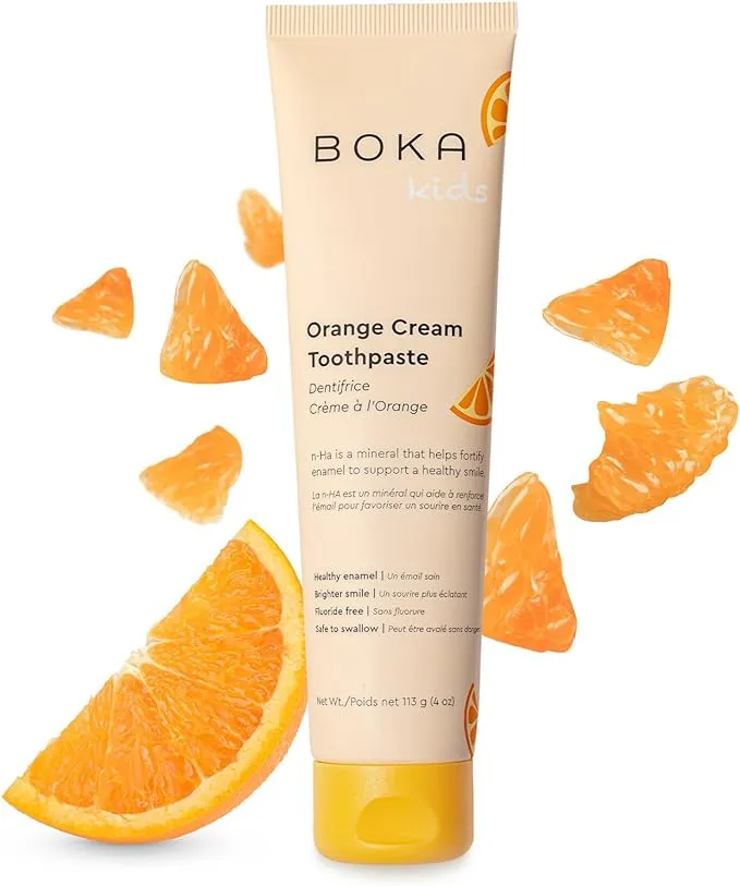 Boka Fluoride Free Toothpaste - Nano Hydroxyapatite, Remineralizing, Sensitive Teeth, Whitening - Dentist Recommended for Adult, Kids Oral Care - Orange Cream Natural Flavor, 4oz 1Pk - US Manufactured