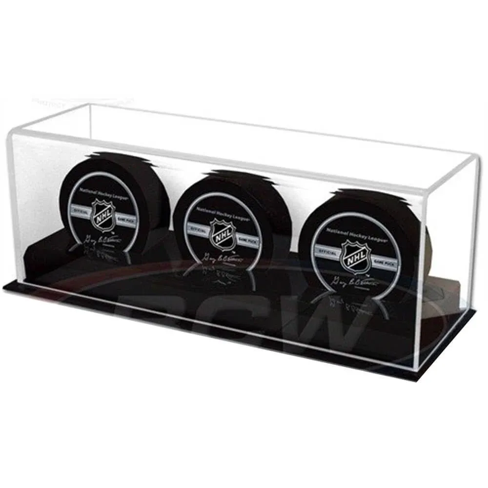 BCW Acrylic Hockey Puck Display Case | High Clarity Hockey Puck Holder with UV Protection for Sports Memorabilia | Holds 3 Pucks | Ideal for Hockey Collectors and Autographed Hockey Pucks